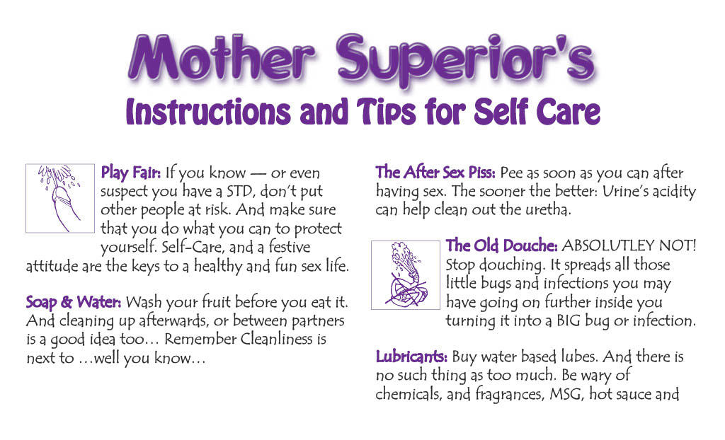 Play Fair! Page 4 - Mother Superior's Instructions and Tips for Self Care