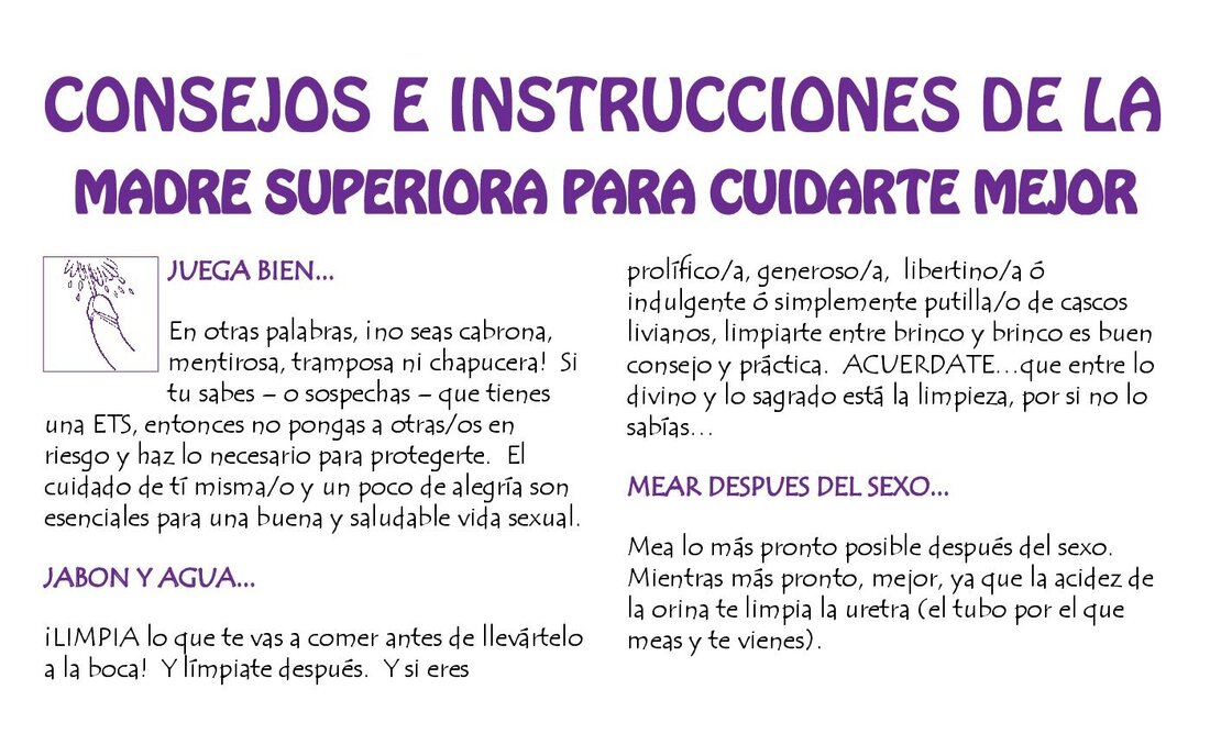 Consejos e instrucciones de la madre superiora para cuidarte mejor. Page five of the Spanish language edition of Play Fair by The Sisters of Perpetual Indulgence.