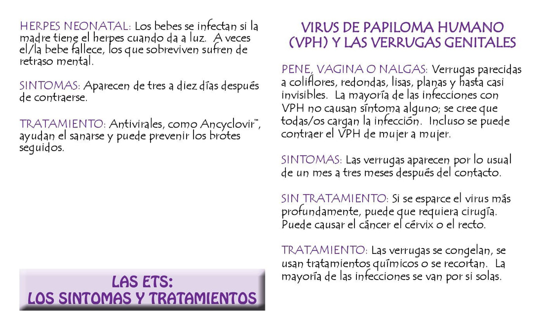Virus de Papiloma Humano (VPH) y Las Verrugas Genitales. Page twenty of Juega Bien, the Spanish language edition of Play Fair by The Sisters of Perpetual Indulgence.