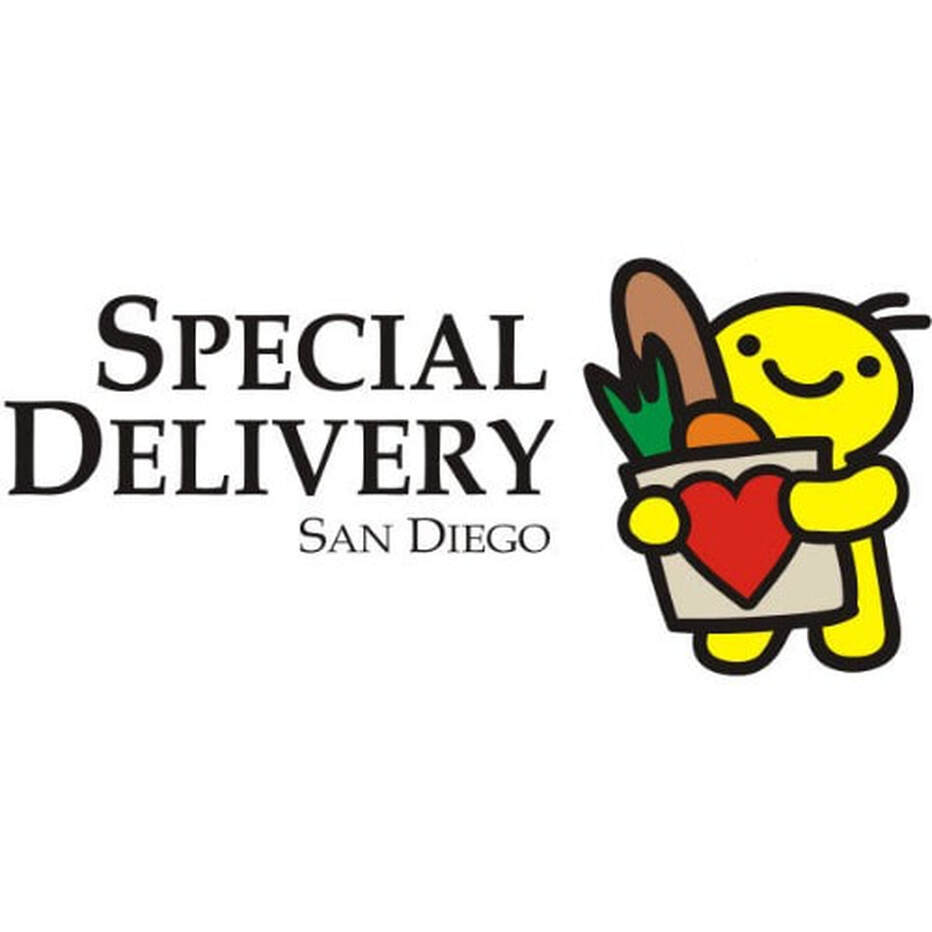 Special Delivery San Diego logo: yellow human figure holding bag of groceries.