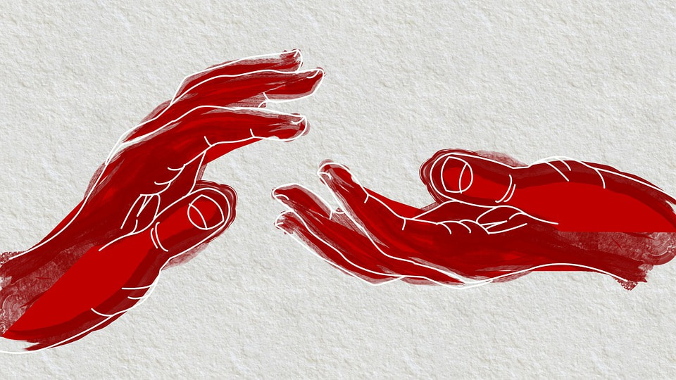 Illustration of red helping hands.
