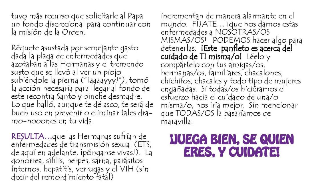 Page three of Juega Bien, the Spanish language edition of Play Fair by The Sisters of Perpetual Indulgence.