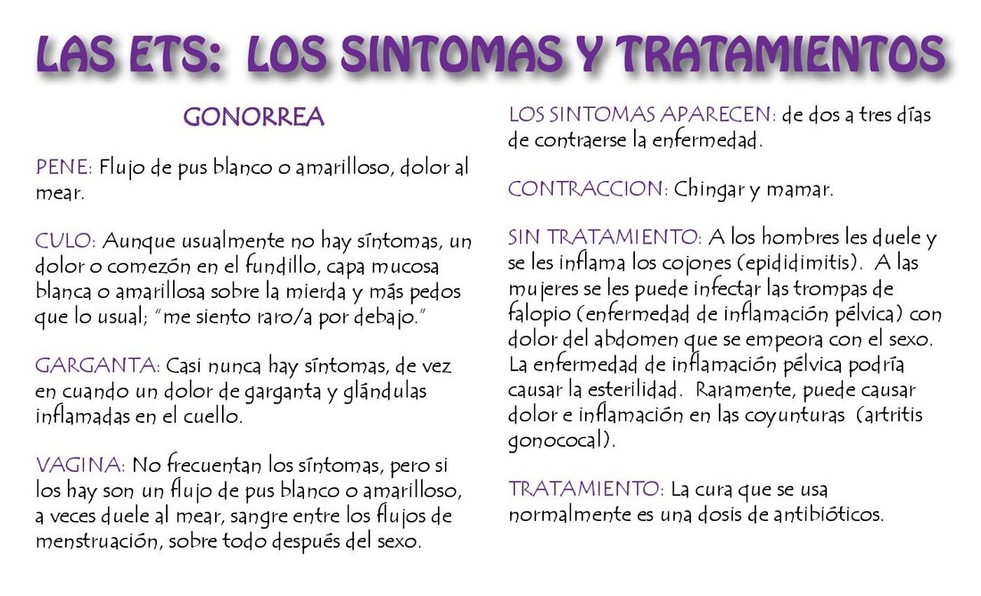 Las ETS: Los Sintomas y Tratamientos. Page seventeen of Juega Bien, the Spanish language edition of Play Fair by The Sisters of Perpetual Indulgence.