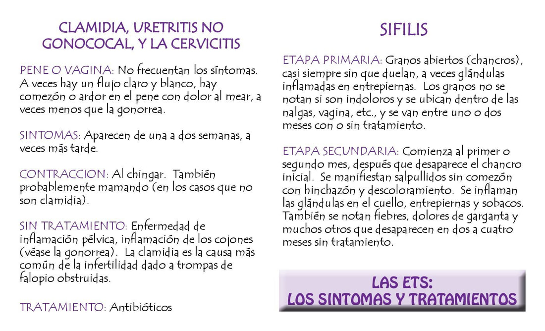 Clamidia, Uretritis No Gonococal, y La Cervicitis; Sifilis. Page eighteen of the Spanish edition of Play Fair by The Sisters of Perpetual Indulgence. 